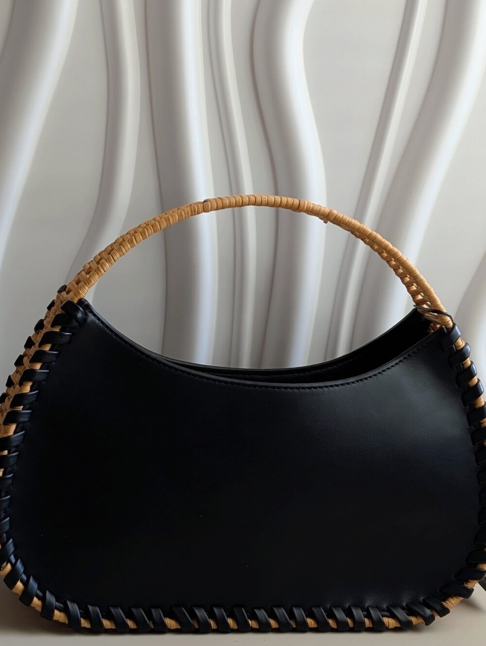NWT BCBG Wicker Whipstitch Tote Bag Black Rattan Crossbody $198